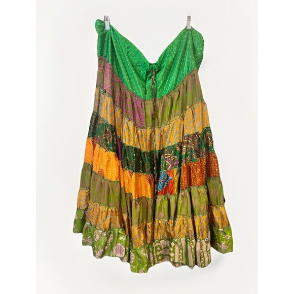 Bohemian Patchwork Skirt One Size Hippie Silk Sari Mix Skirt Drawstring.   Hh - Picture 1 of 5
